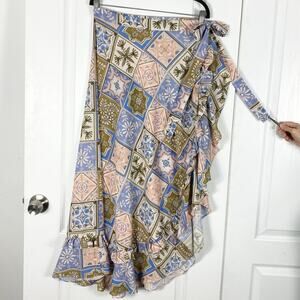 nwot ENCANTADORE Skirt S Floral Wrap Ruffle Curve-Hem Tie-Bow Midi Multicolor